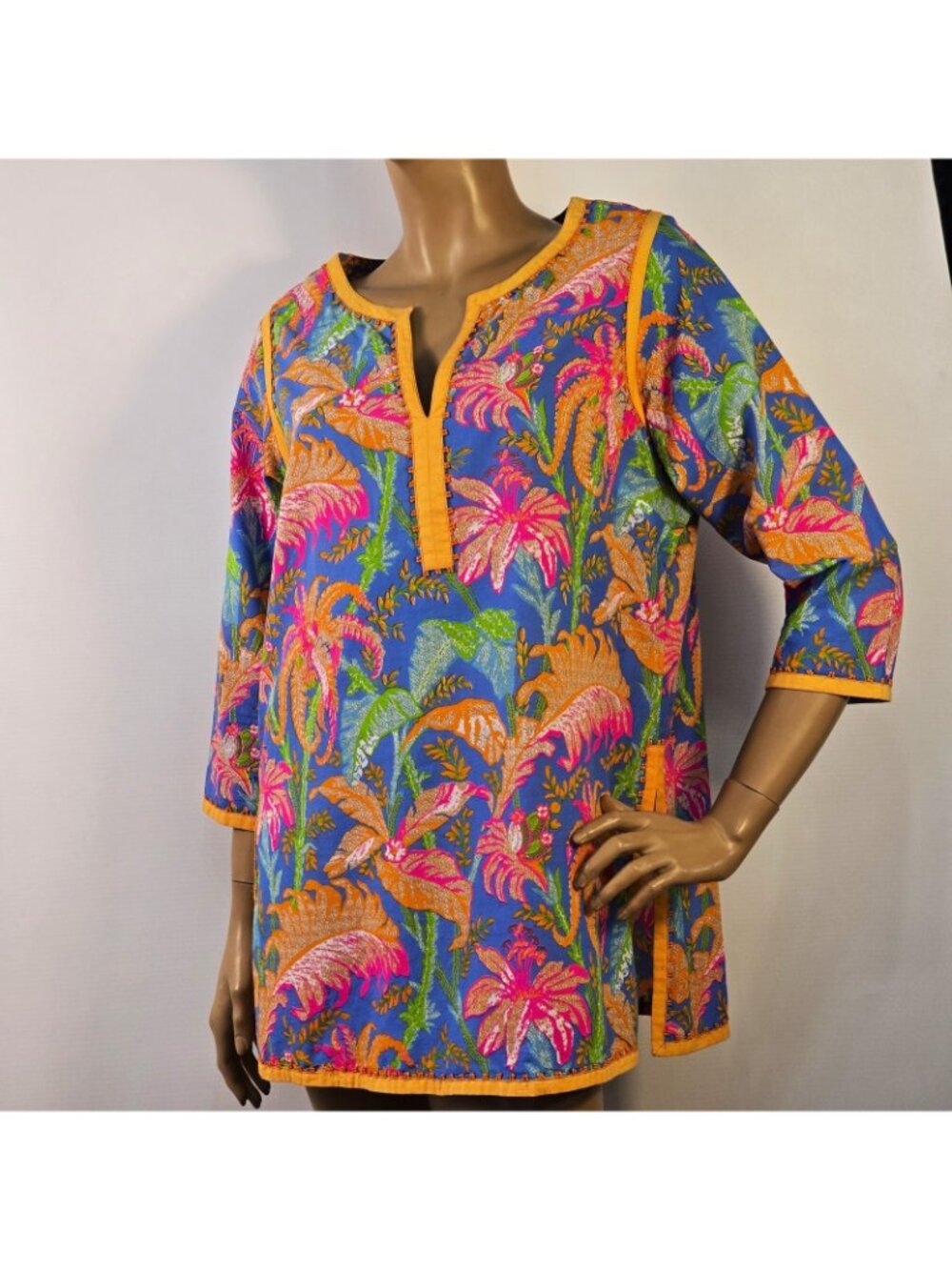 Gretchen Scott Resortwear Split Neck Tropical Pullover Tunic 3/4 Sleeve Sz L - Picture 3 of 13
